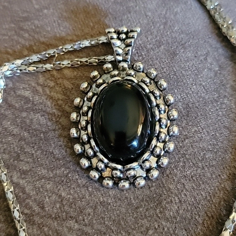 Black Cabochon Pendant Goth Castlecore Chain Necklace